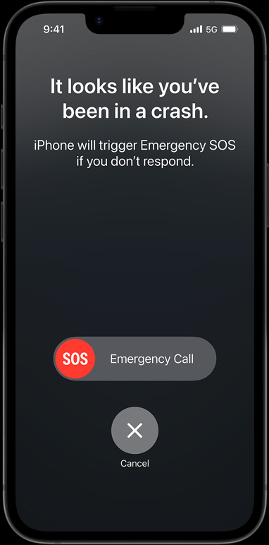 The Crash Detection screen saying 'It looks like you've been in a crash. iPhone will trigger Emergency SOS if you don't respond