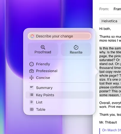 Writing Tools in use, highlighting large paragraph of text in an email, Writing Tools menu shows Key Points option selected, with icon of bulleted list
