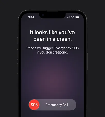 iPhone 17e 機身正面展示使用車禍偵測功能
