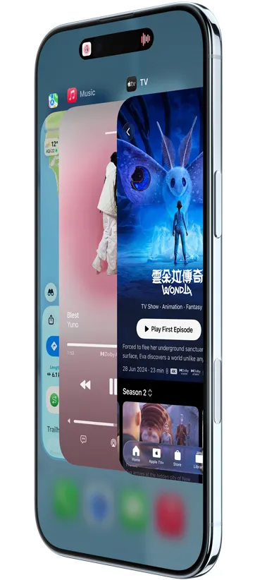 iPhone Air 機身正側面顯示地圖、音樂與 Apple TV+ app，展示使用 App 切換器功能