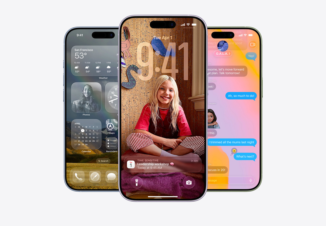 Ekran iPhonea prikazuje skočni prozor s pregledom poziva, ekran iPhonea prikazuje skočni prozor aplikacije Kalendar s personaliziranom pozadinom s fotografijom djeteta, ekran iPhonea prikazuje aplikaciju Poruke s dizajnom Liquid Glass