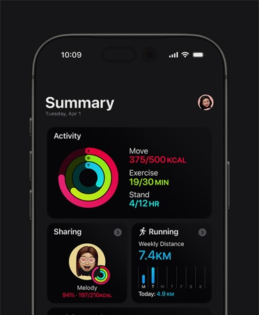 iPhone 17, Fitnesz-összefoglaló, Tevékenységgyűrűk, Mozgás, Gyakorlat és Állás adatai, tevékenységmegosztás ismerősökkel, heti futási statisztikák