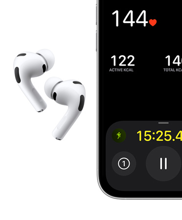 Fehér AirPods Pro 3, fülbe illeszthető fülhallgató, szilikon fülharangok, mikrofon, iPhone, Kültéri futás edzésképernyője