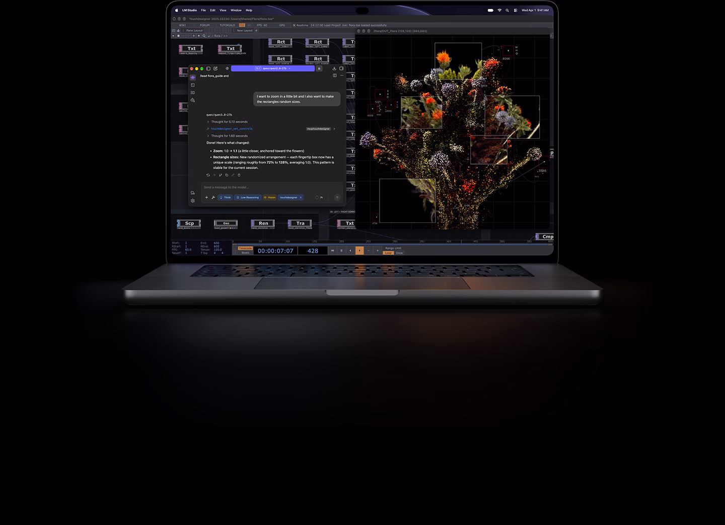 Egy ezüstszínű 16 hüvelykes MacBook Pro PROLED XDR-kijelzőjén egy kép TouchDesignerrel és LM Studióval való készítésének folyamata látható