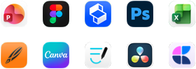 Tíz alkalmazásikon két sorban: PowerPoint, Figma, Shapr3D, Photoshop, Excel, Linearity, Canva, GoodNotes, DaVinci Resolve, Craft.