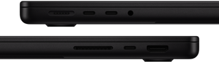 A MacBook Pro portjainak bemutatása – bal oldalon: MagSafe port, két Thunderbolt port és egy fejhallgató-csatlakozó – jobb oldalon: SDXC-kártyahely, egy Thunderbolt port és egy HDMI-port.