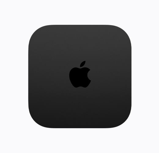 Apple TV 4K, warna hitam, eksterior atas, logo Apple TV warna hitam mengilap