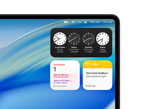 Berbagai widget di desktop Mac, termasuk Jam, Kalender, Catatan, dan Cuaca.