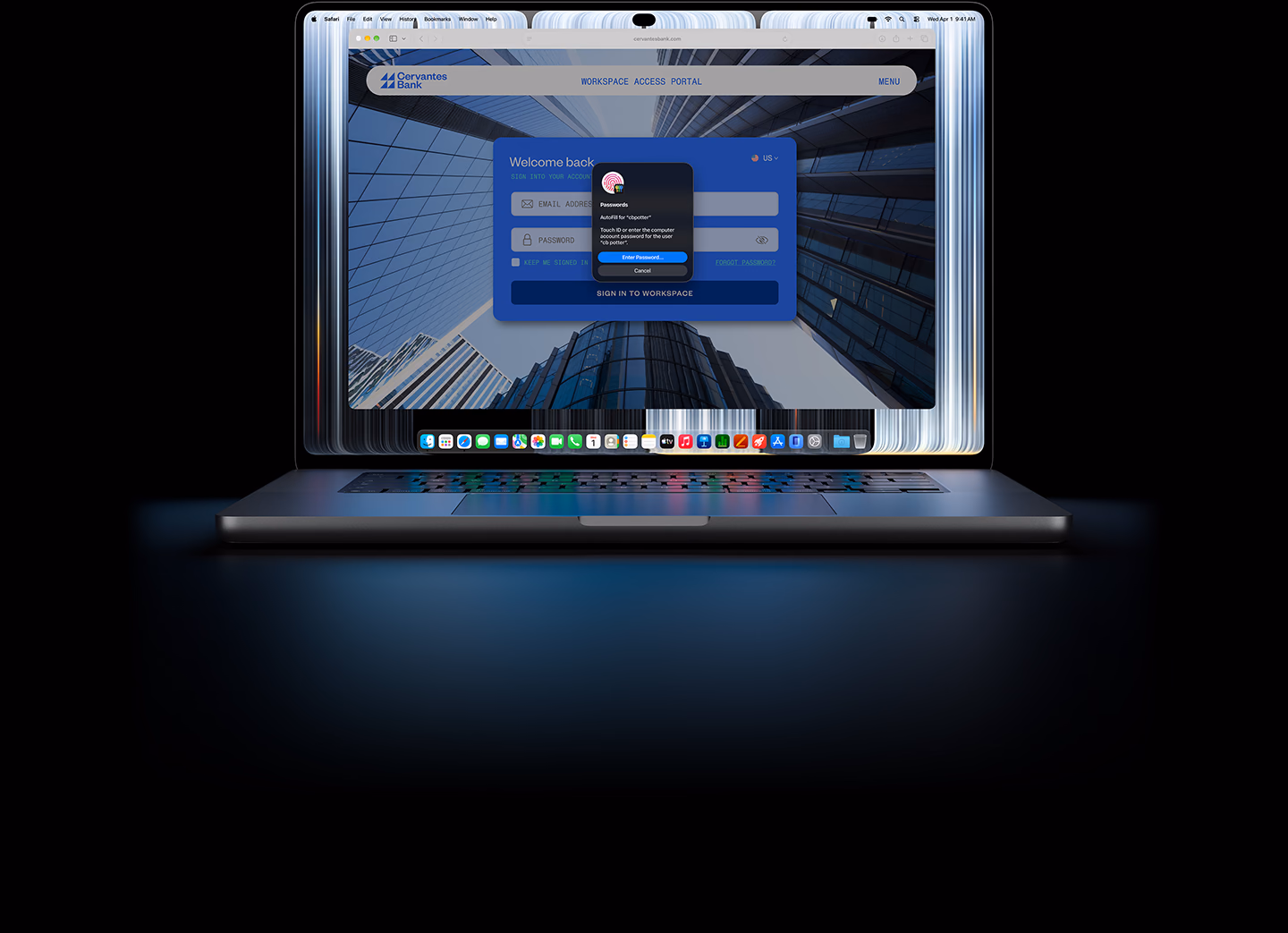MacBook Pro dengan Layar PROLED XDR, jendela kecil Safari meminta pengguna untuk menggunakan Touch ID atau memasukkan kredensial untuk masuk ke situs web
