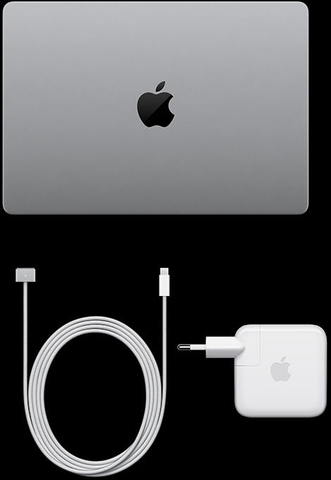 MacBook Pro dengan Layar PROLED XDR, warna perak, tampak atas, tertutup, kabel pengisi daya USB-C dan adaptor daya