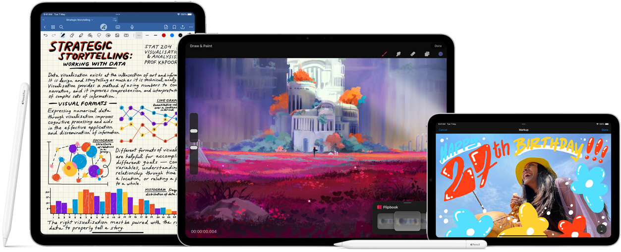 Image of Apple Pencil Pro and Apple Pencil USB-C next to multiple iPad devices displaying examples of handwritten notes and colorful illustrations created with Apple Pencil.