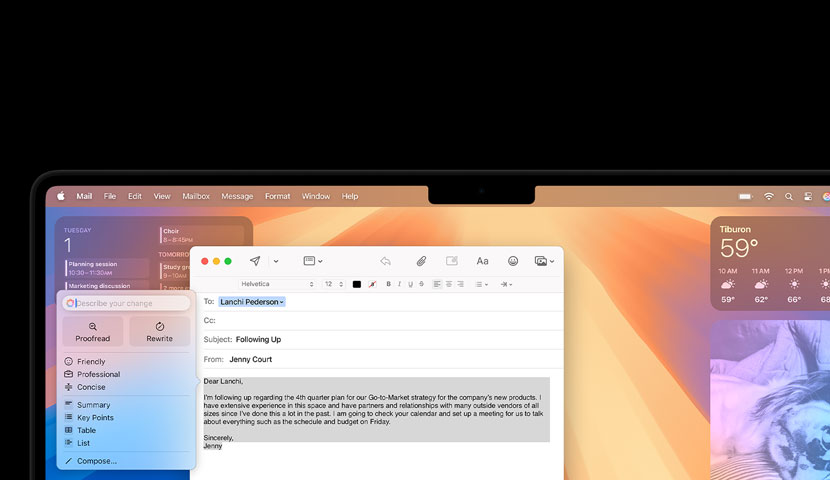Mac desktop with a business email featuring an Apple Intelligence prompt. Behind the email window is the Calendar widget.