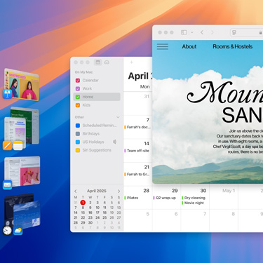 Multiple windows and apps displayed on a screen, including Keynote, Pages, Mail and a website featuring content about a serene sanctuary.
