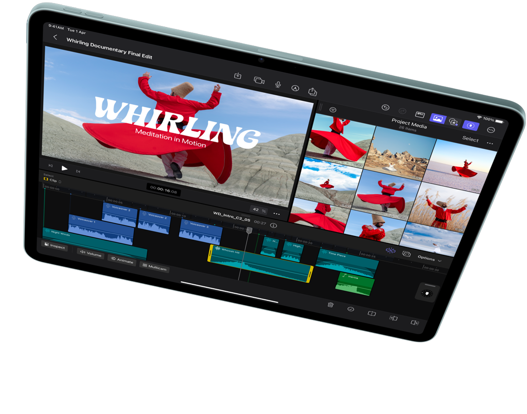 iPad Air in landscape orientation, showcasing video editing in Final Cut Pro