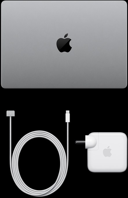 MacBook Pro with PROLED XDR Display, silver colour, top, closed, USB-C charging cable and power adapter