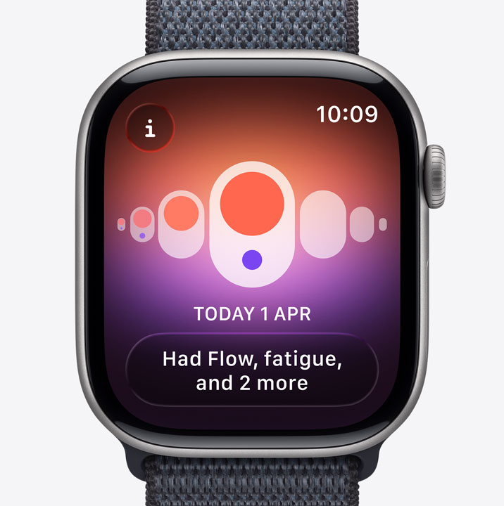Apple Watch Series 11, space grey colour, aluminium case, ovulation date estimation notification from Cycle Tracking in Health app, Digital Crown, Sport Loop, dark grey colour