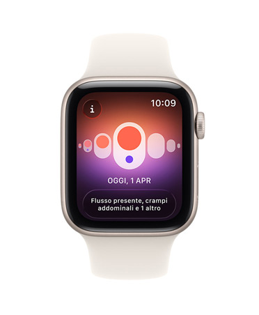 Apple Watch SE 3, cassa in alluminio color galassia, notifica di data dell’ovulazione stimata dalla funzione Monitoraggio Ciclo dell’app Salute, Digital Crown, cinturino Sport color galassia
