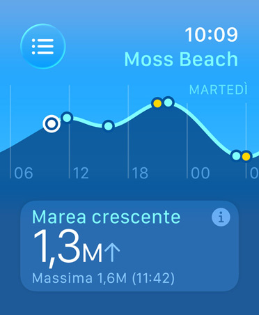 Parametri dell’app Marea: alta e bassa marea, marea crescente e calante, grafico lineare con stima degli orari e dei punti di marea