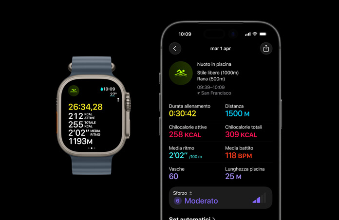 Apple Watch Ultra 3, cassa in titanio naturale, cinturino Ocean blu salmastro, allenamento di nuoto attivo, iPhone con un riepilogo più dettagliato dei parametri di allenamento