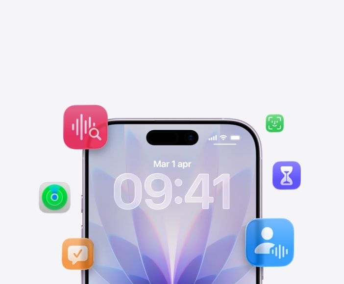 Un iPhone circondato da varie funzioni integrate di Apple