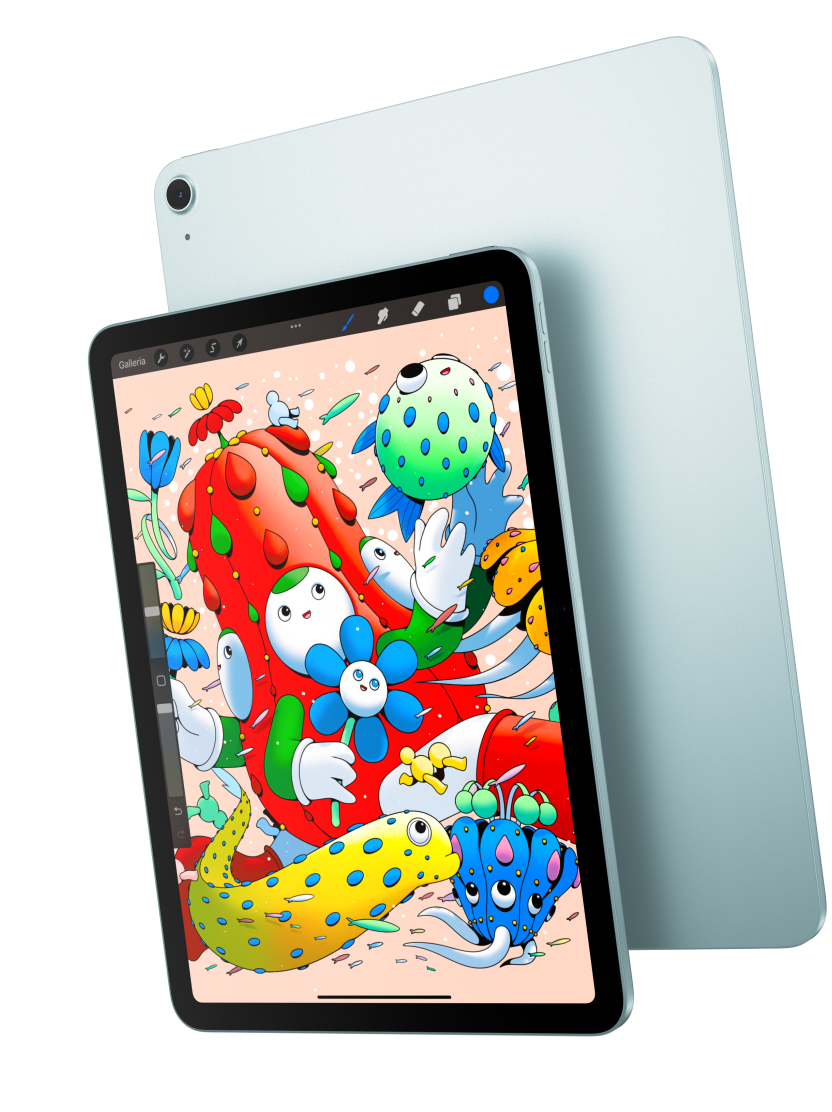 Un iPad Air 11 pollici visto di fronte che mostra l’app Procreate, sovrapposto a un iPad Air blu visto da dietro
