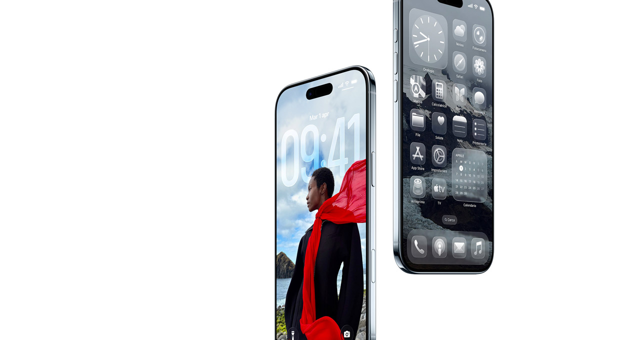 Due iPhone Air mostrati di fronte e di lato, profilo sottile, schermata di blocco dinamica, schermata Home con le app in Liquid Glass