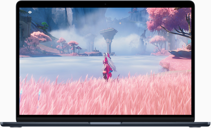 プレイ中のゲームが表示されたMacBook Airの画面。M4チップの性能を示している