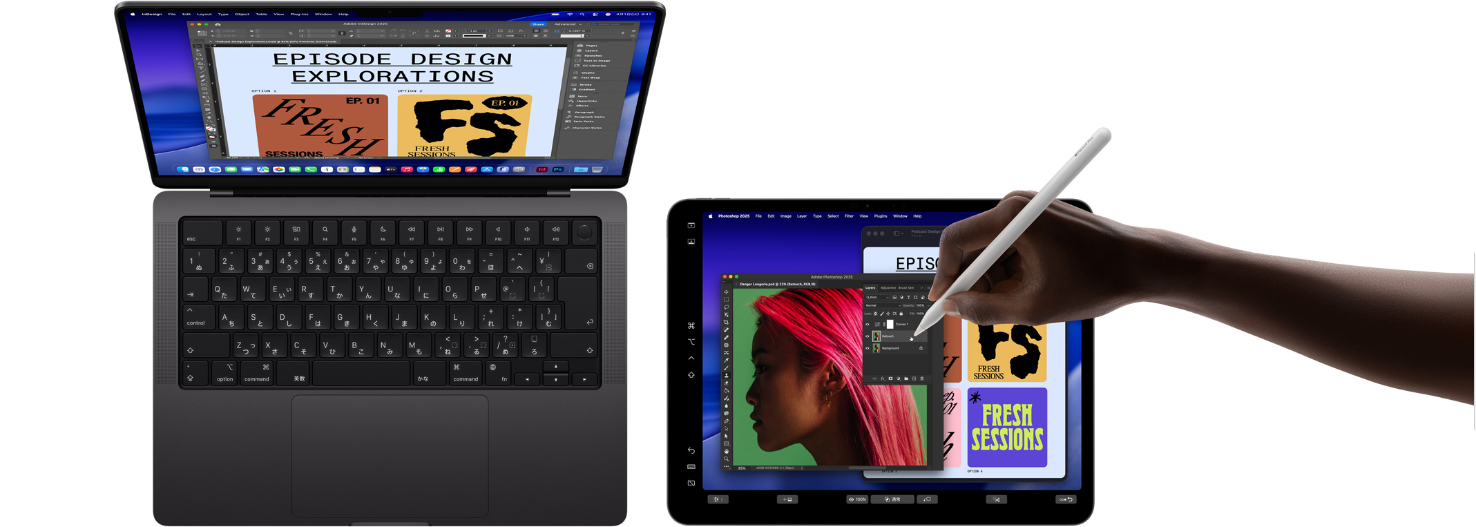 14インチMacBook Proと13インチiPad Pro。MacBook Proのディスプレイを拡張するためにiPad Proが使われている。iPad上の画像をApple Pencil Proで操作している手が見える