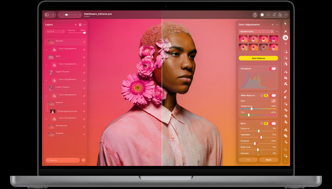 Pixelmator Pro 화면, 보정 전후로 나뉘어진 인물 사진, 피사체의 머리에 분홍색 꽃이 장식되어 있습니다. 왼쪽은 생동감 넘치는 분홍색 톤, 오른쪽은 뉴트럴 톤으로 표현되어 있고, 왼쪽에는 레이어 패널, 오른쪽에는 색상 조정 패널이 보입니다