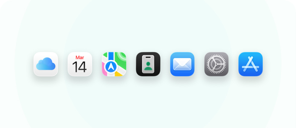Una serie de apps y herramientas para empresas, incluidas iCloud, Calendario, Mapas, Apple Business, Mail, Configuración y App Store