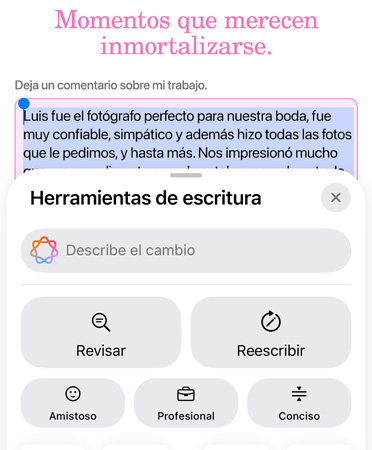 Funcionalidad Herramientas de Escritura siendo usada con las opciones Revisar, Reescribir, Amistoso, Profesional y Conciso