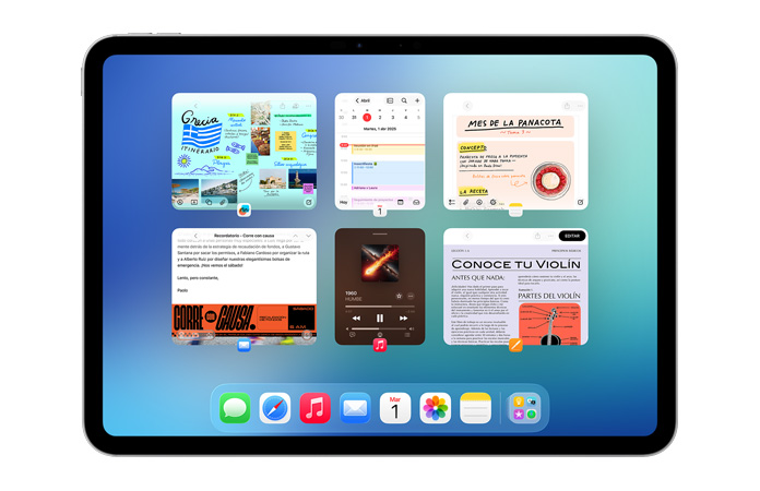 Un iPad, posición horizontal, la pantalla muestra seis ventanas abiertas en dos filas, incluidas las apps Calendario, Notas, Apple Music y Safari