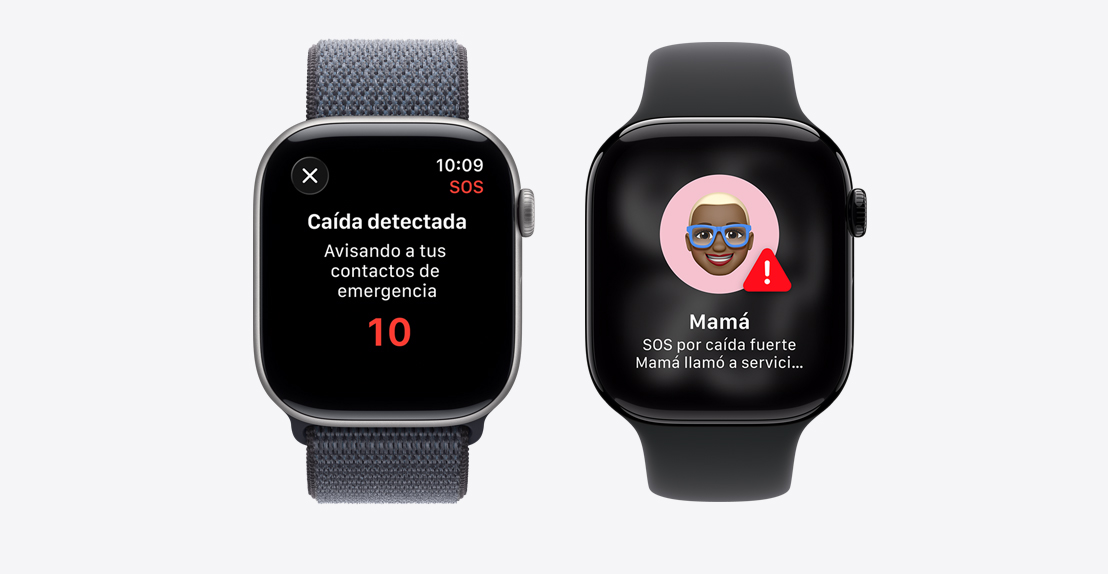 Apple Watch Series 11, notificación de Detección de Caídas, botón de Llamada SOS, una segunda notificación dice: Mamá SOS por caída fuerte, mamá llamó a servicios de emergencia