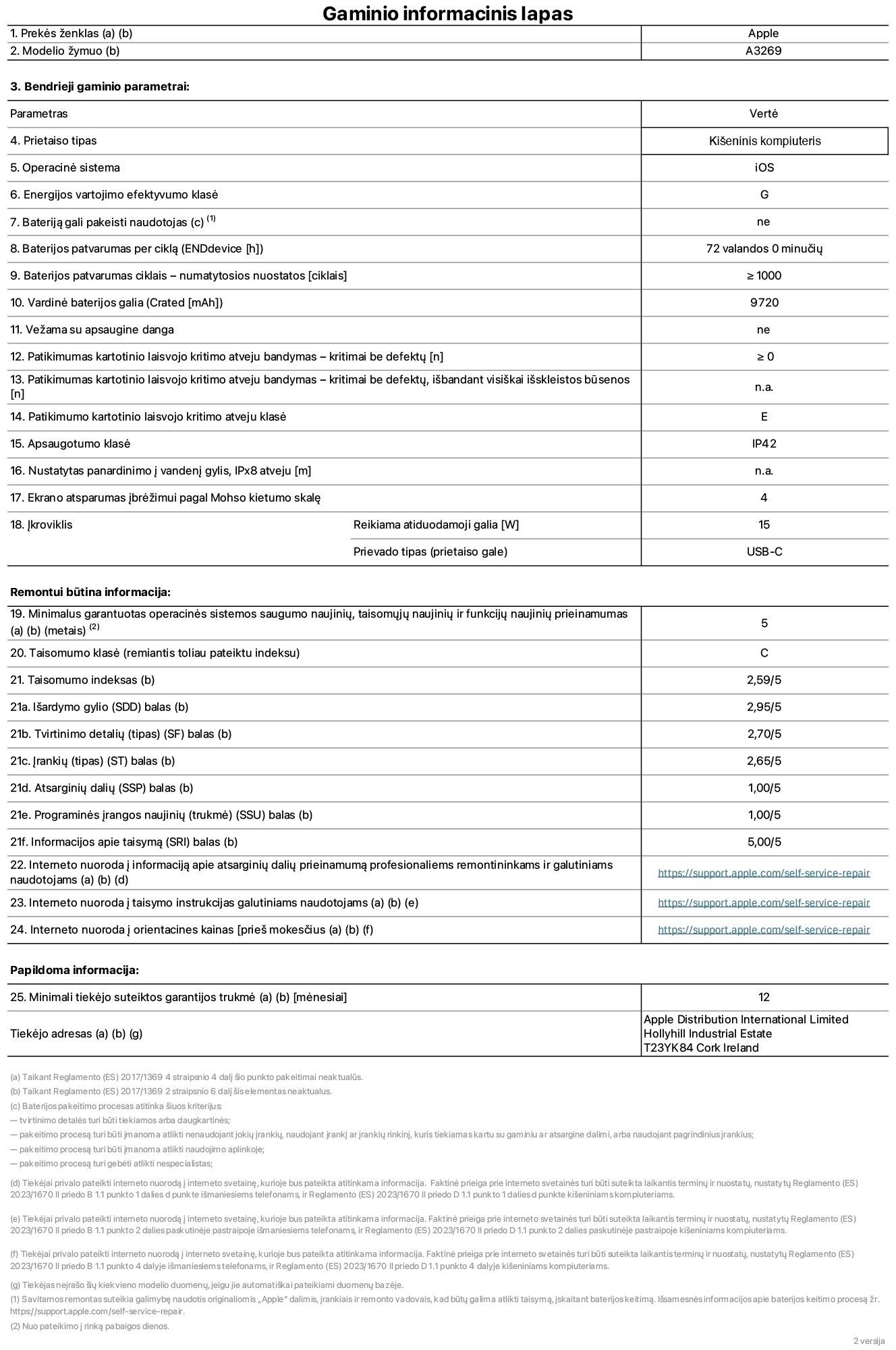 Gaminio informacinis lapas, 13 colių „iPad Air Wi-Fi plus Cellular“. Modelis A3269. Pateikė „Apple UK Ltd“, 100 New Bridge Street, Londonas EC4V 6JA. Prietaiso tipas: planšetinis kompiuteris. Operacinė sistema: „iOS“. Standartinio dinaminio diapazono energijos vartojimo efektyvumo klasė: G. Baterijos patvarumas: 72 valandos. Baterijos patvarumas ciklais: ≥ 1 000. Vardinė baterijos galia: 9&nbsp;720&nbsp;mAh. Patikimumo testas kartotinio laisvojo kritimo atveju – kritimai be defektų: ≥ 0. Patikimumo kartotinio laisvojo kritimo atveju klasė: E. Apsaugotumo klasė: IP42. Ekrano atsparumas įbrėžimui pagal Mohso kietumo skalę: 4. Įkroviklio reikiama atiduodamoji galia: 15 W. Įkroviklio prievado tipas: USB-C. Minimalus garantuotas operacinės sistemos saugumo naujinių, taisomųjų naujinių ir funkcijų naujinių prieinamumas: 5 metai. Taisomumo klasė: C. Taisomumo indeksas: 2,59/5. Išardymo gylio balas: 2,95/5. Tvirtinimo detalių (tipo) balas: 2,70/5. Įrankių balas: 2,65/5. Atsarginių dalių balas: 1,00/5. Programinės įrangos naujinių balas: 1,00/5. Informacijos apie taisymą balas: 5,00/5. Interneto nuoroda į informaciją apie atsarginių dalių prieinamumą profesionaliems remontininkams ir galutiniams naudotojams: https://support.apple.com/self-service-repair. Interneto nuoroda į taisymo instrukcijas galutiniams naudotojams: https://support.apple.com/self-service-repair. Nuoroda į orientacines kainas prieš mokesčius: https://support.apple.com/self-service-repair. Siūloma 12 mėnesių bendroji garantija.