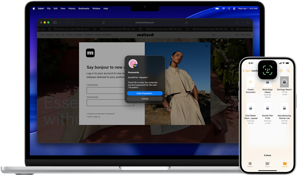 MacBook affichant la fenêtre Touch ID, sur un fond d’écran macOS Tahoe. Devant le MacBook, un iPhone affiche l’écran Face ID.