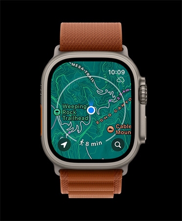 Apple Watch Ultra 3, dabīga krāsa, titāna ietvars, lejupielādēta karte, nākamās norādes, siksniņa, Alpine Loop siksniņa terakotas krāsā