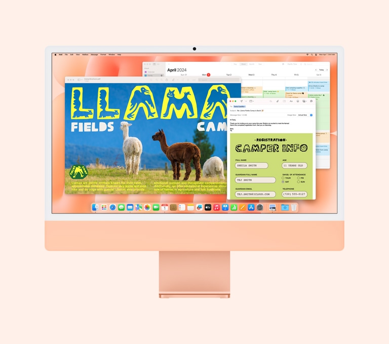 Oranžs iMac: ekrānā redzamas lietotas Preview, Mail un Calendar aplikācijas.