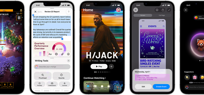 Blakus vairāki iPhone 17e, kuru ekrānos redzams atšķirīgs saturs: Writing Tools, Apple TV aplikācija, veido notikumu kalendārā, tiek veidots Genmoji