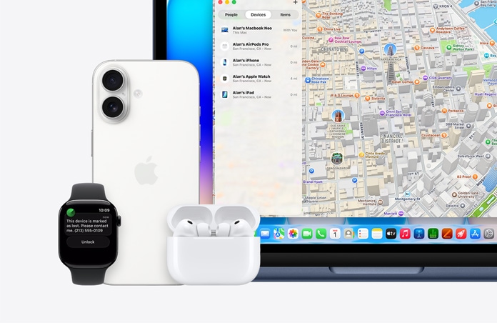 Apple Watch ekrānā redzama īsziņa ar tekstu: “Šī ierīce ir atzīmēta kā nozaudēta, lūdzu, sazinieties ar mani” un telefona numuru, blakus iPhone, AirPods Pro un MacBook Neo indigo krāsā, ekrānā redzama Find My aplikācija ar karti, ierīču sarakstu un to atrašanās vietām