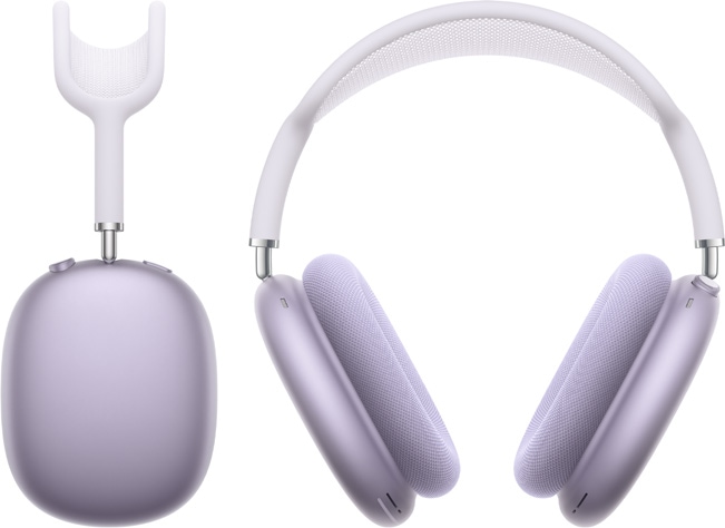 صورة لسماعات AirPods&nbsp;Max باللون الليلكي من الأمام ومن الجانب