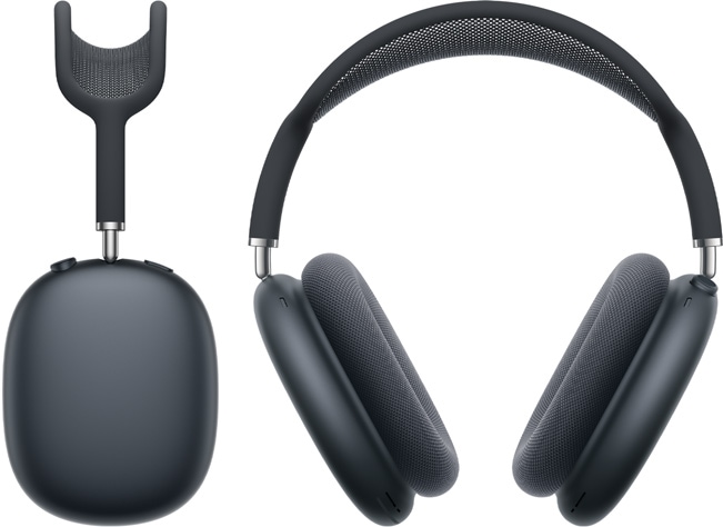 صورة لسماعات AirPods&nbsp;Max بلون سماء الليل من الأمام ومن الجانب