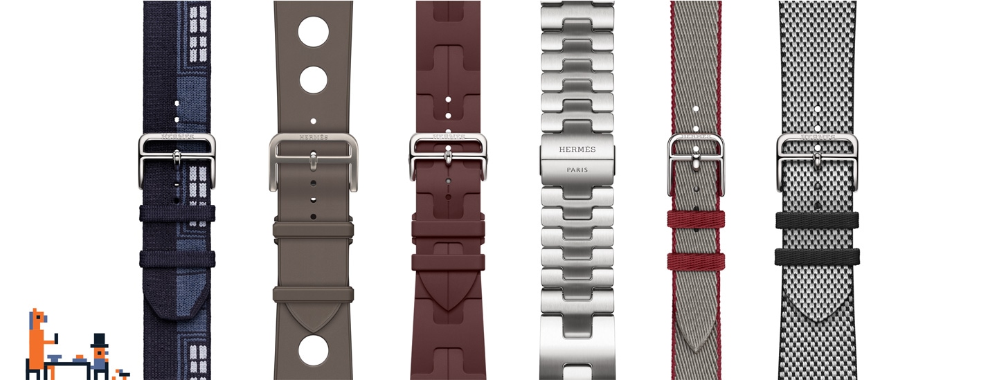 Pixel art of a person and horse siting at a table, available Hermès bands in varying style and colors