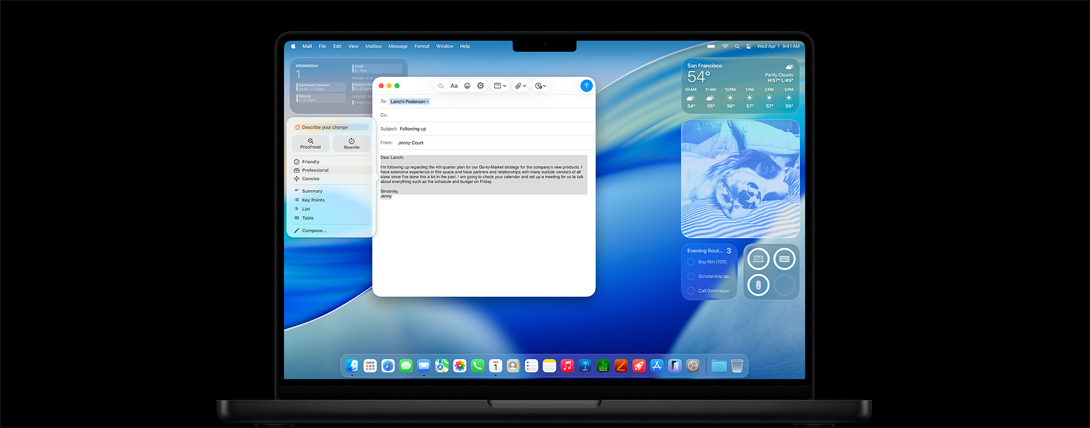 An iPhone, and a Mac show Apple Intelligence, along with the macOS Tahoe screensaver.
