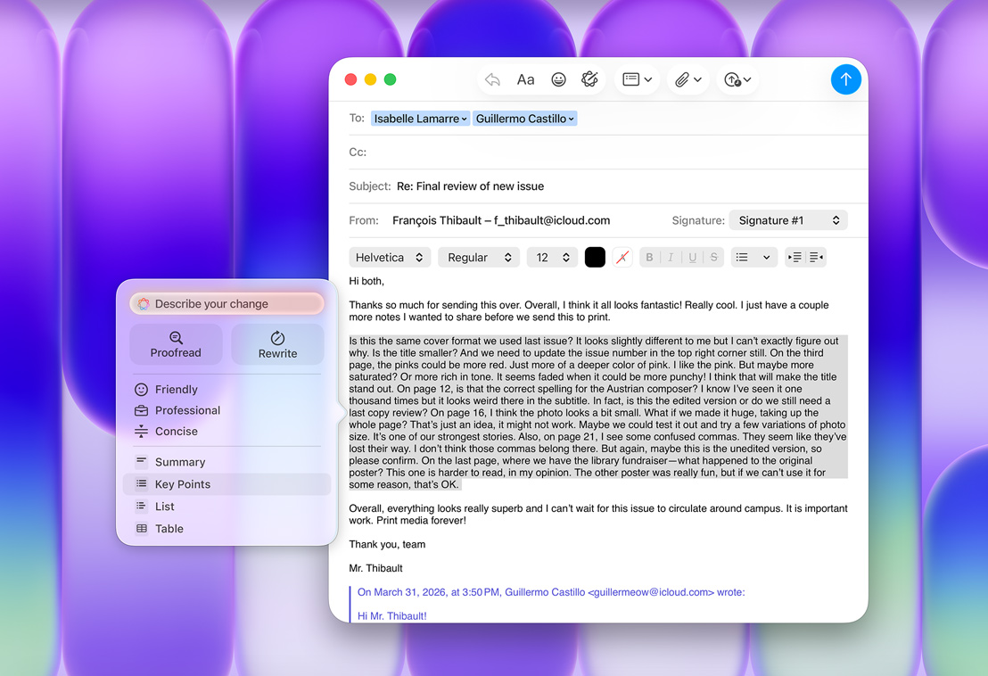 Mail app with Apple Intelligence Writing Tools panel, Key Points option highlighted