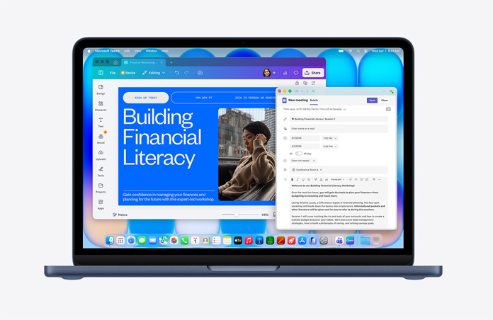 MacBook Neo in midnight, displaying a webpage titled “Building Financial Literacy” with an image of a person, an email draft open, menu bar with various icons, Dock at the bottom with app icons