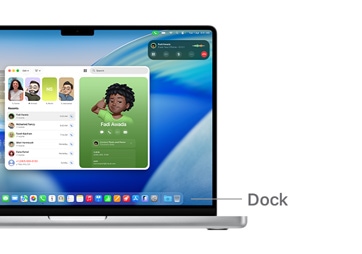 A tour of macOS navigation on MacBook Pro 14" with a line indicating the location of the Dock