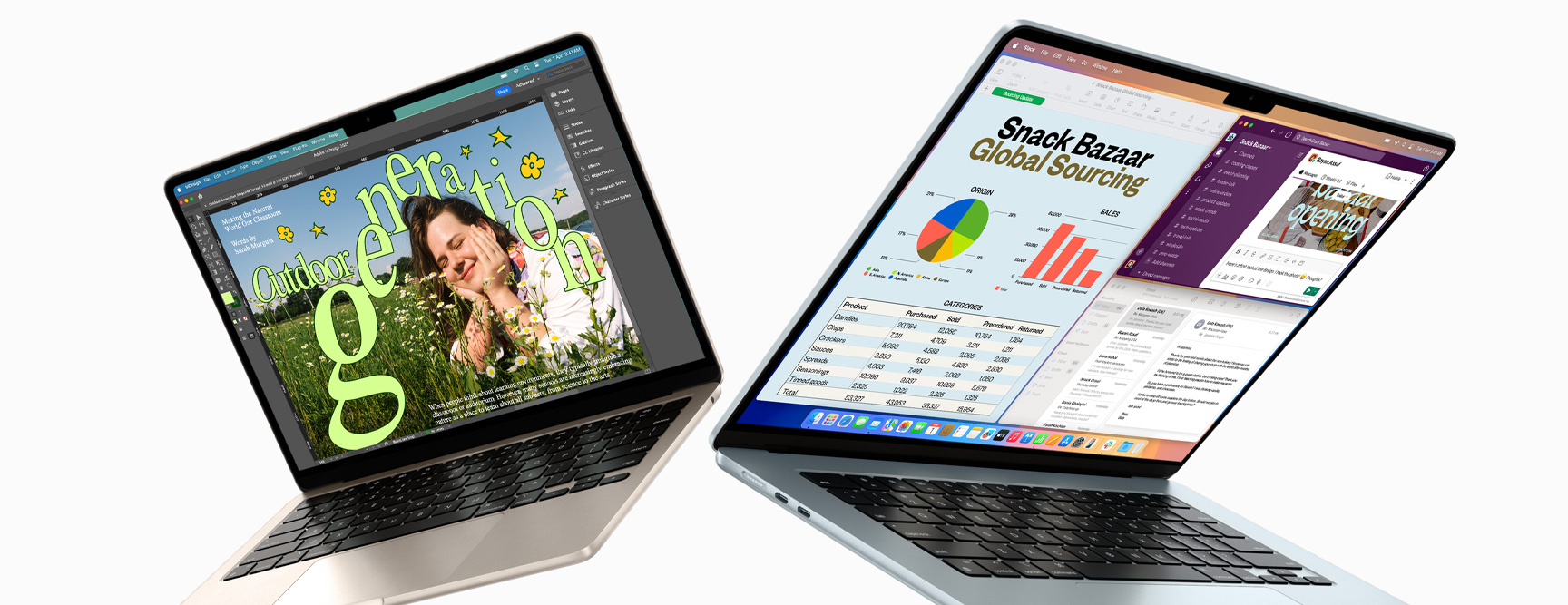 Partially open 13-inch and 15-inch MacBook Air  — one screen shows design work in progress, the other shows multitasking across email and spreadsheets