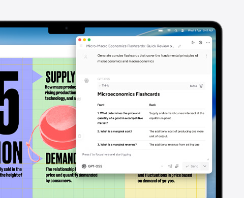 MacBook Air screen showing Apple Intelligence Writing Tools creating flash cards about micro and macro economics