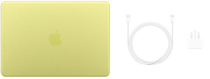 جهاز MacBook Neo مقاس 13 إنش، مع كابل شحن USB‑C ومحول طاقة USB‑C بقدرة 20 واط