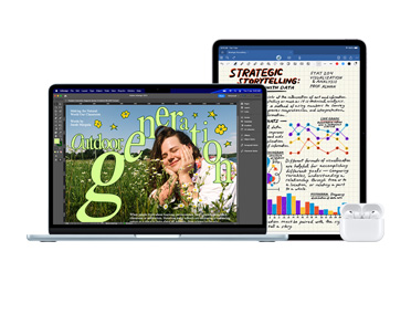 MacBook Pro, AirPods, and iPad next to each other